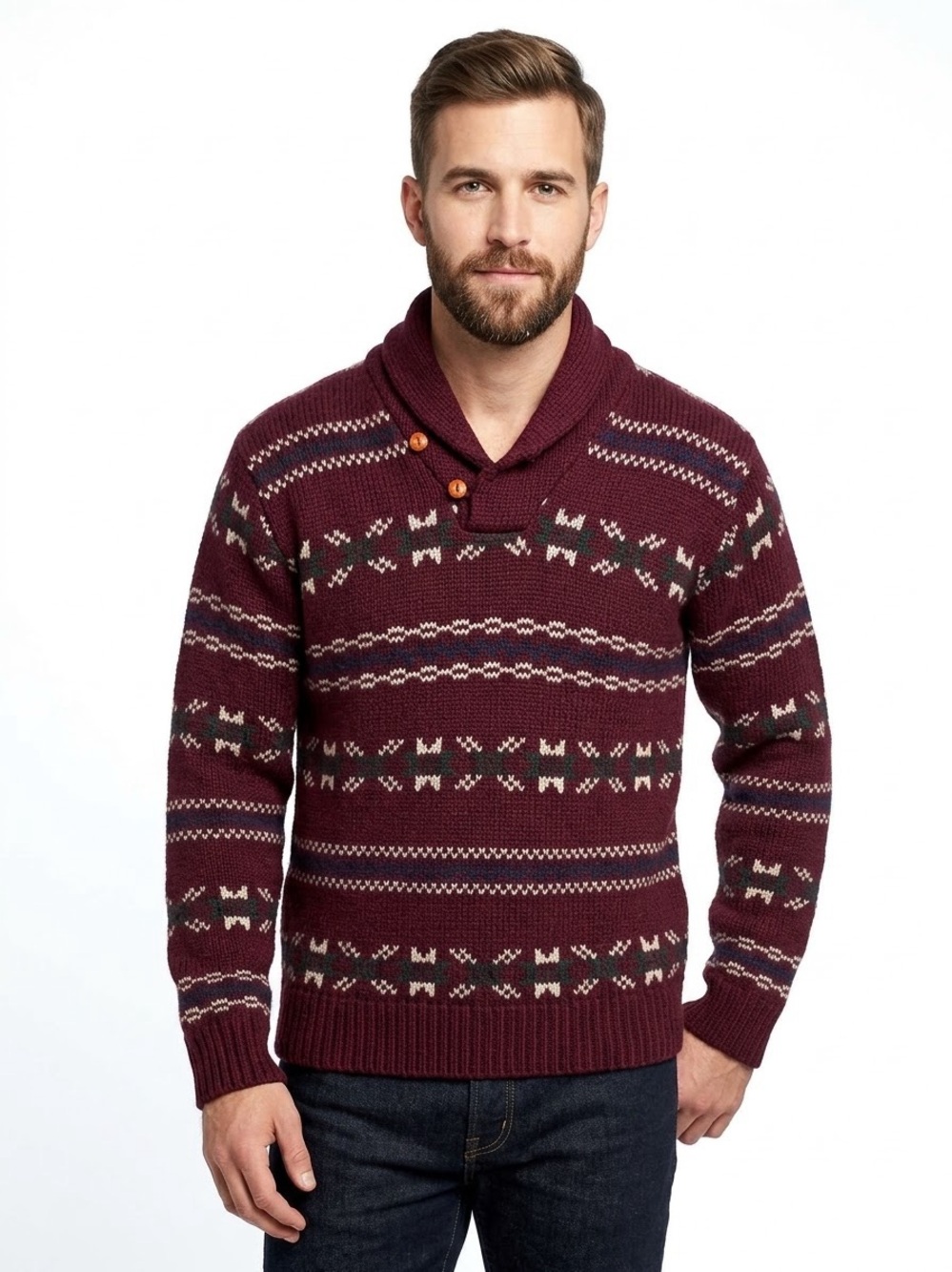Cottagecore 100% Wool Fair Isle Shawl Collar Sweater Burgundy Earthy Goblincore